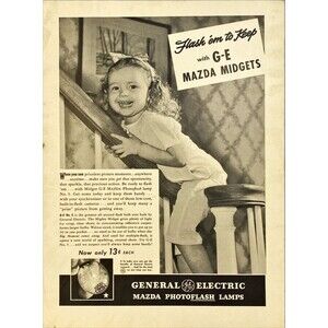 General Electric Mazda Photoflash Lamps "Child Sliding on Banister" Vtg Ad 1941